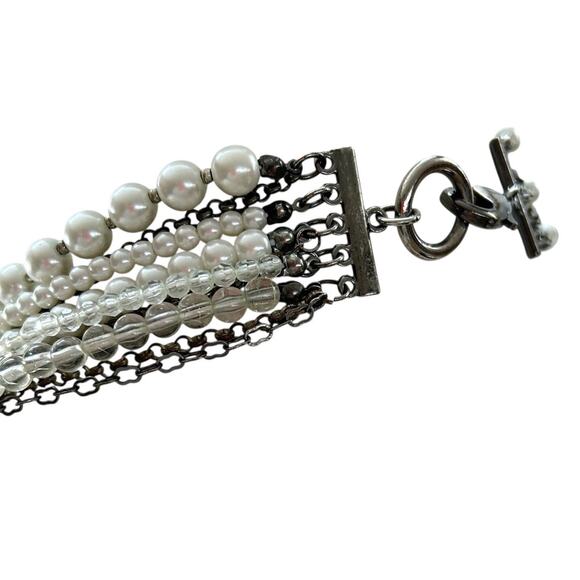 Mixed Beads Multistrand Tiered Necklace White Silvertone Pewter Oversize Lobster - Picture 6 of 7